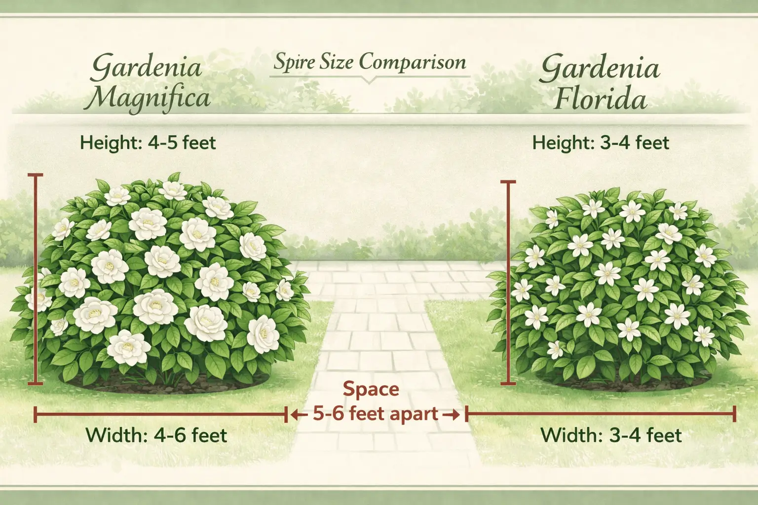 Gardenia magnifica size and gardenia florida size comparison showing plant height and shrub spread.