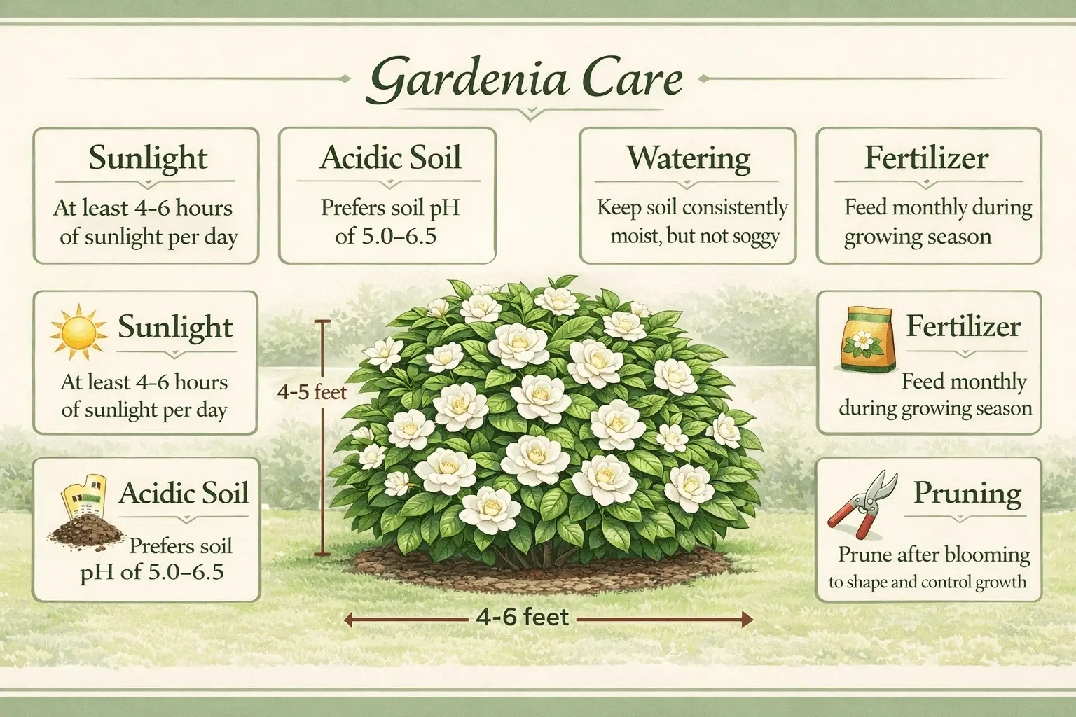 Gardenia florida vs magnifica care infographic showing sunlight, watering, soil and fertilizer needs.