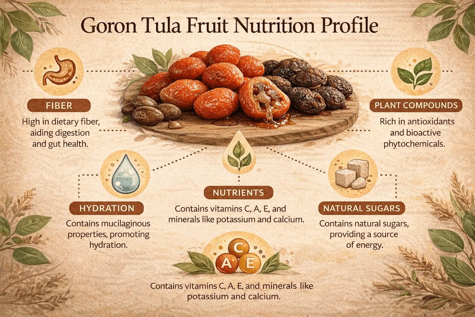 goron tula fruit nutrition profile fiber plant compounds hydration benefits infographic