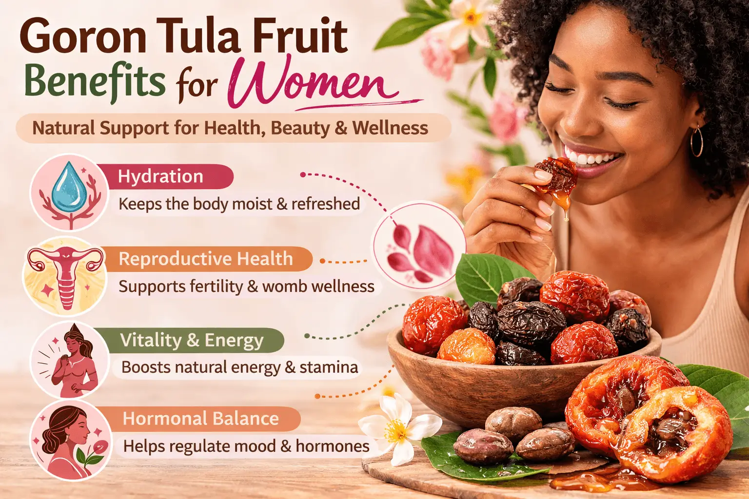 goron tula fruit benefits for female fertility hydration reproductive health infographic