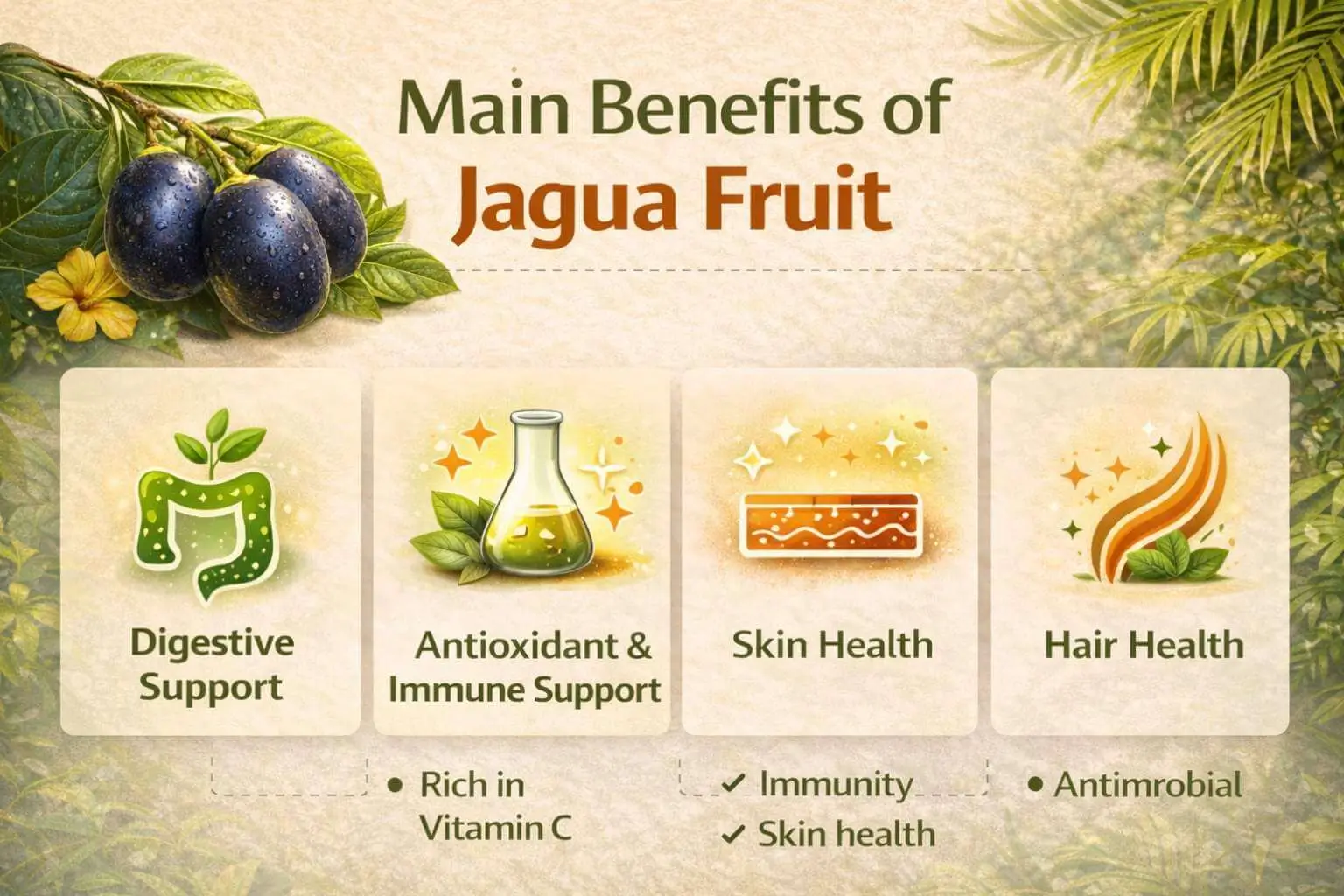 Main health benefits of jagua fruit including digestion, immunity, skin, and hair support.