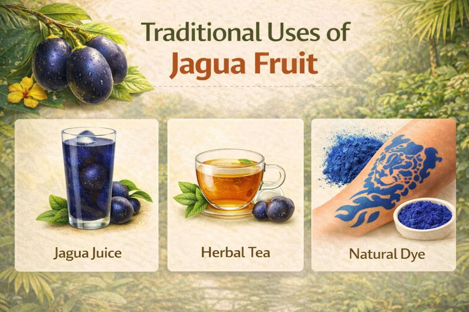 Traditional preparations of jagua fruit including juice, herbal tea, and natural dye.
