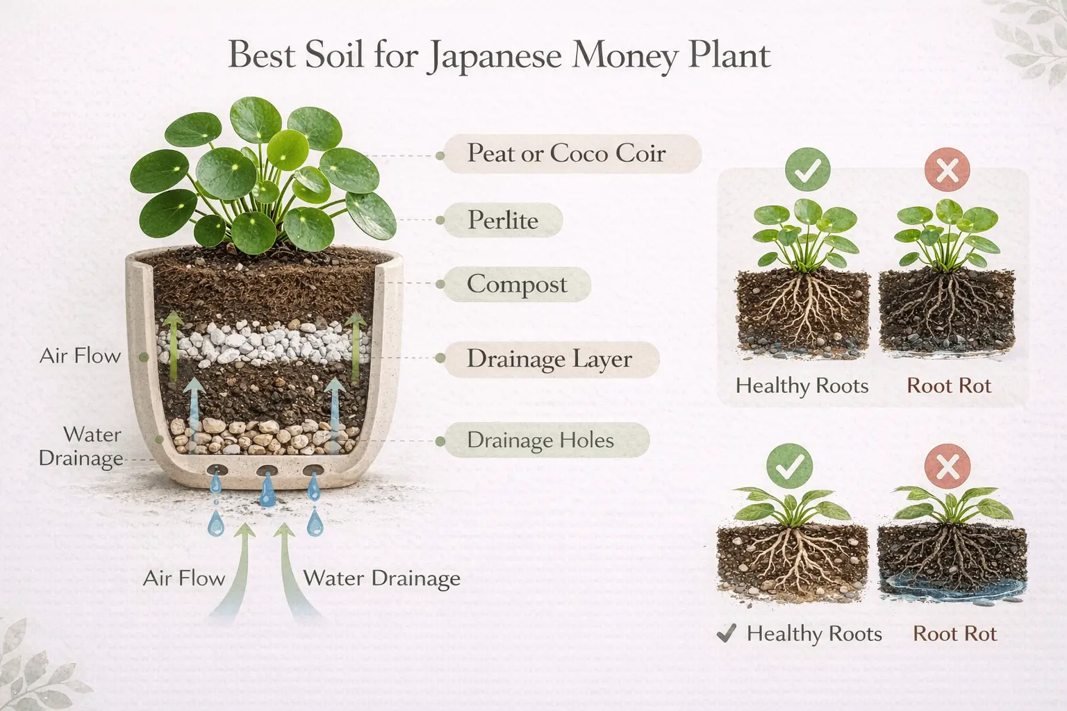 Best soil mix for Japanese money plant infographic showing peat, perlite and compost for healthy drainage