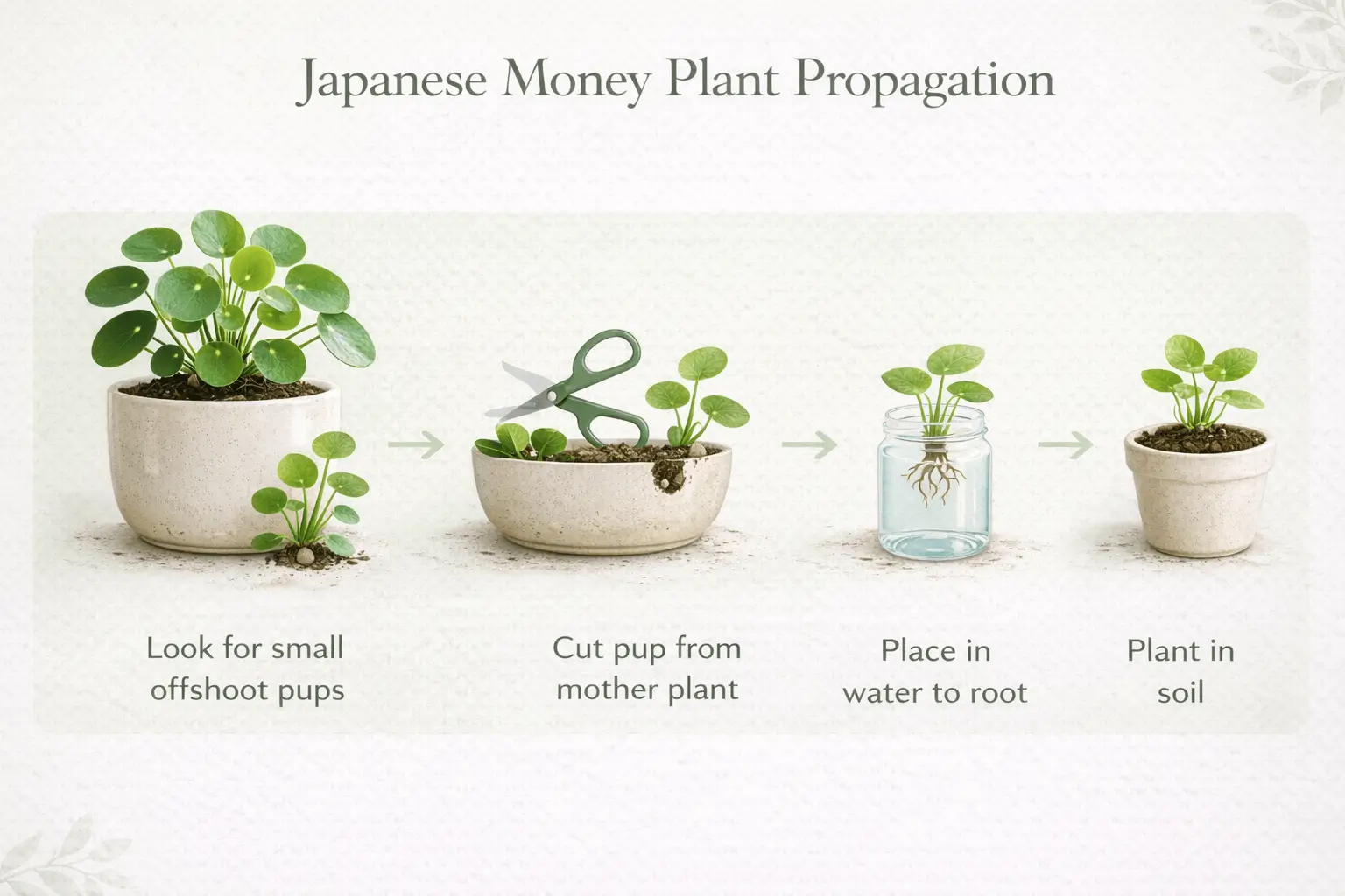 Japanese money plant propagation infographic showing how to grow new plants from offshoot pups and water propagation