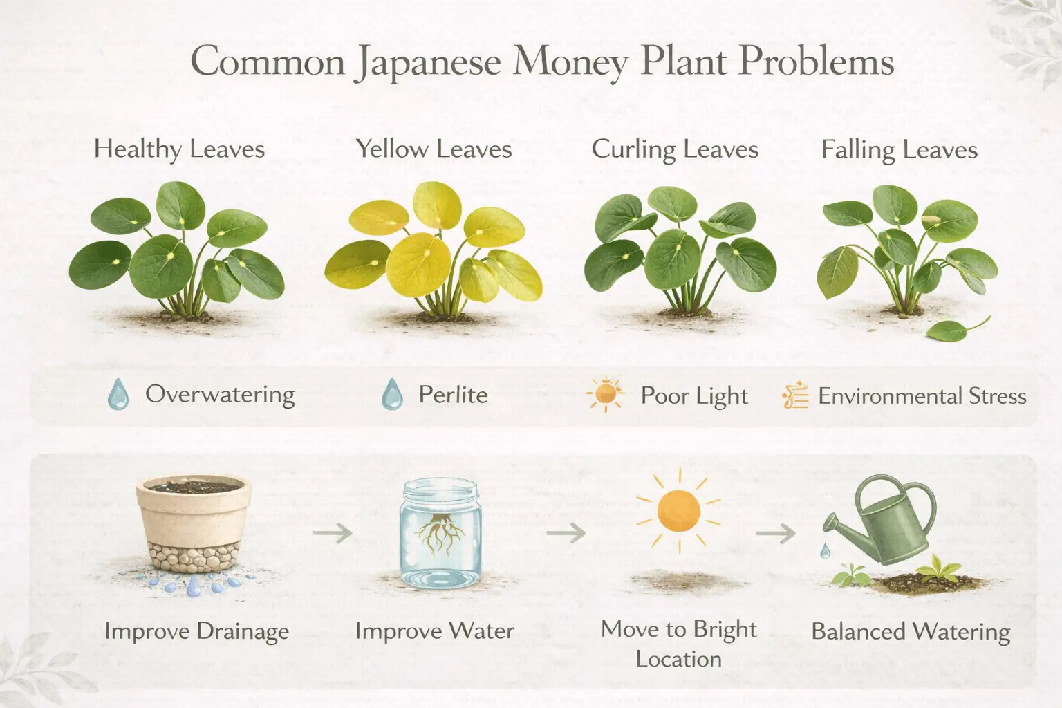 Japanese money plant problems infographic showing yellow leaves, curling leaves and solutions