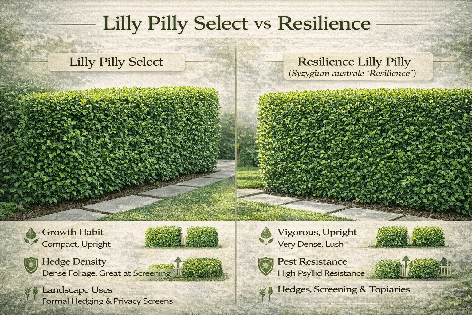 Comparison infographic showing differences between lilly pilly select and resilience hedge varieties.