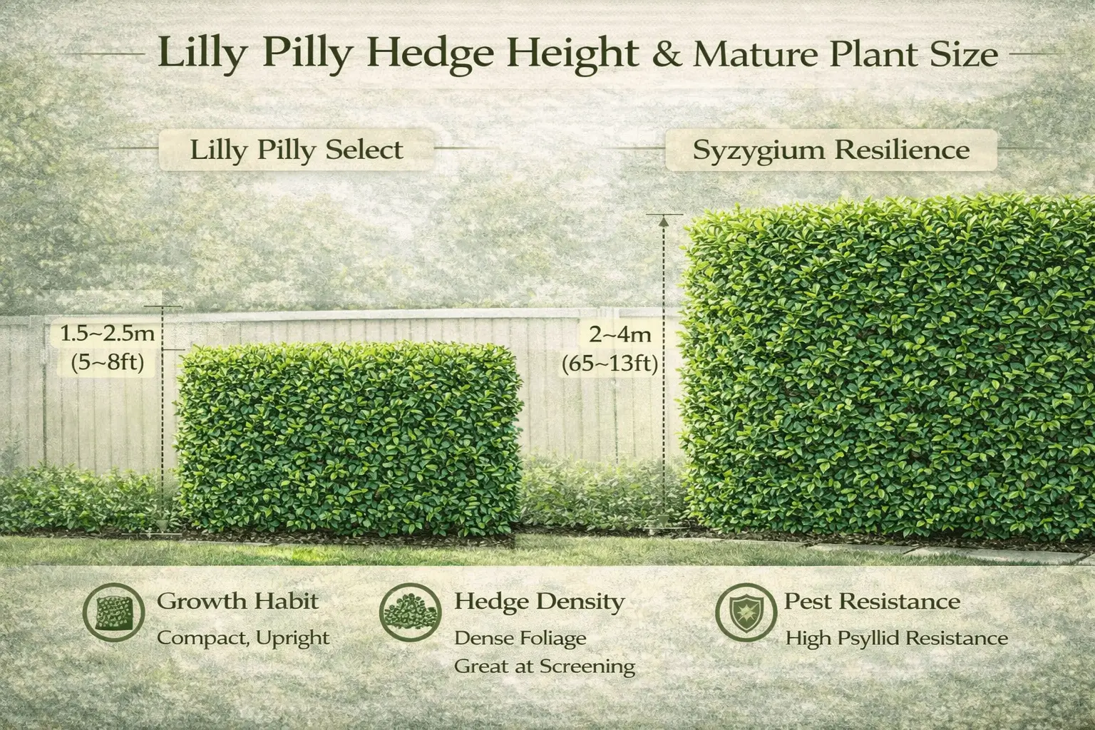 Infographic showing mature height comparison of lilly pilly select and resilience hedge plants.