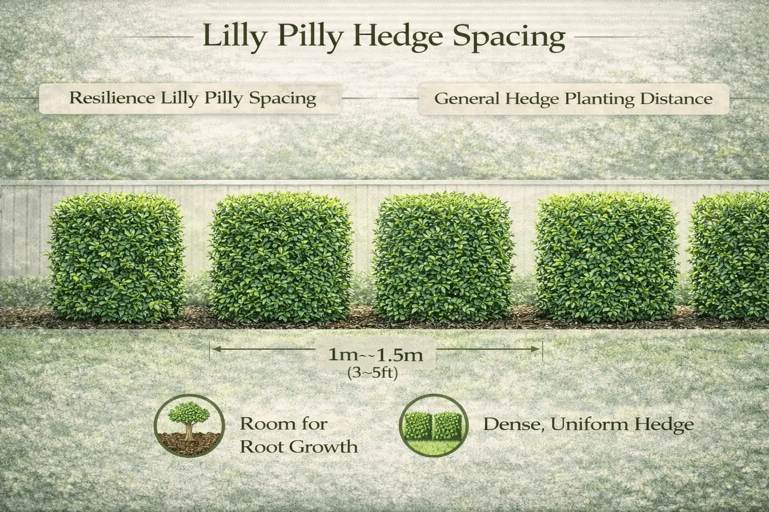 Infographic explaining lilly pilly hedge spacing and proper planting distance for dense hedges.