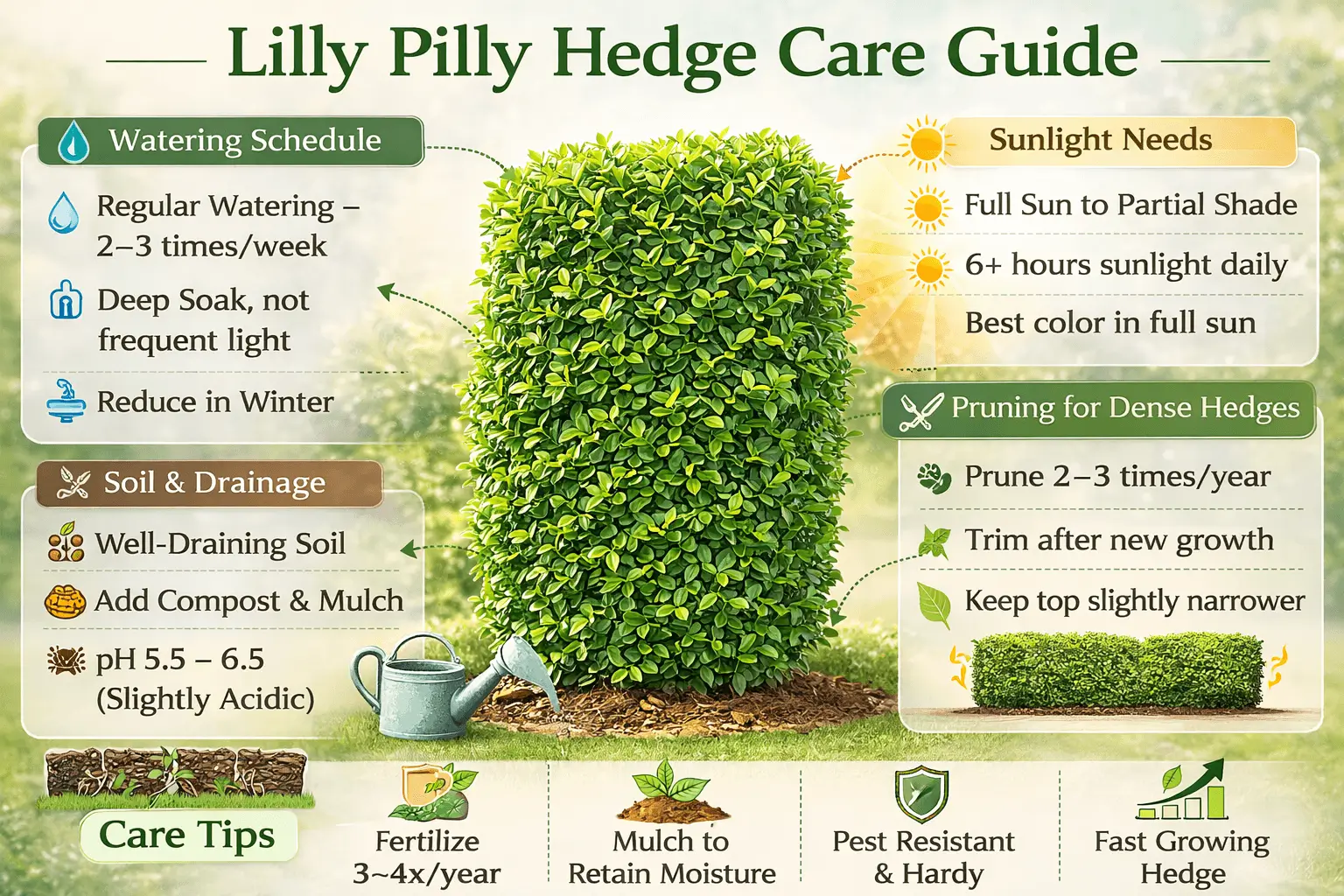 Infographic showing watering, pruning, sunlight, and soil care for lilly pilly hedge plants.