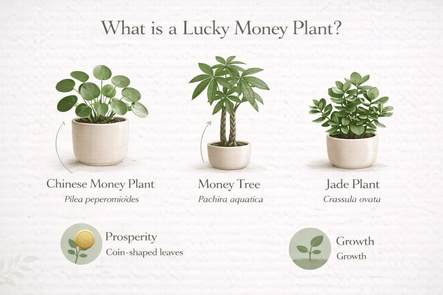 Infographic explaining plants commonly called lucky money plants including Chinese money plant money tree and jade plant