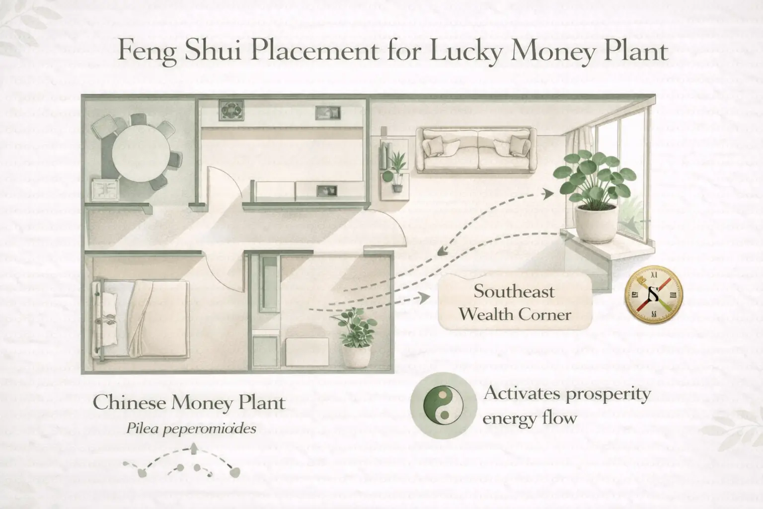 Feng shui placement guide showing where to place a lucky money plant for prosperity and positive energy