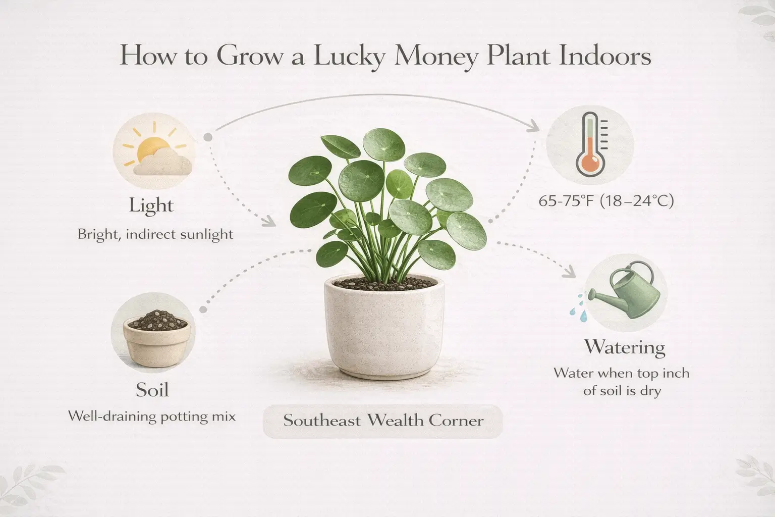 Lucky money plant indoor care infographic showing light watering soil and growing conditions