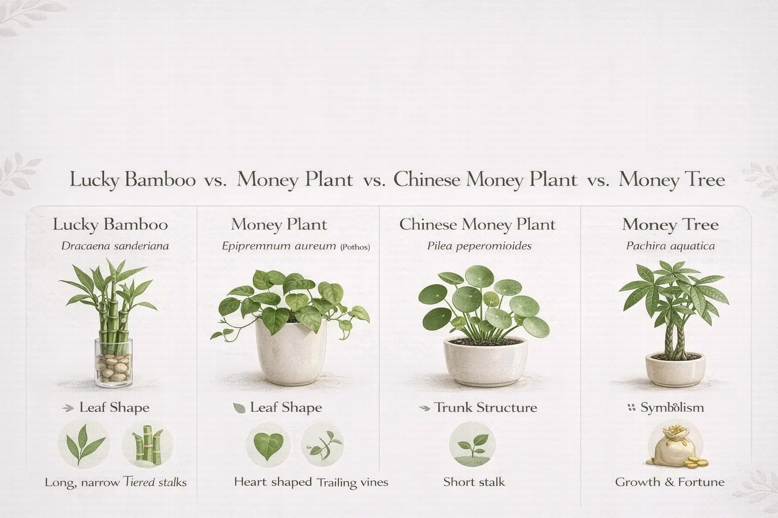 Comparison infographic of lucky bamboo Chinese money plant and money tree prosperity plants
