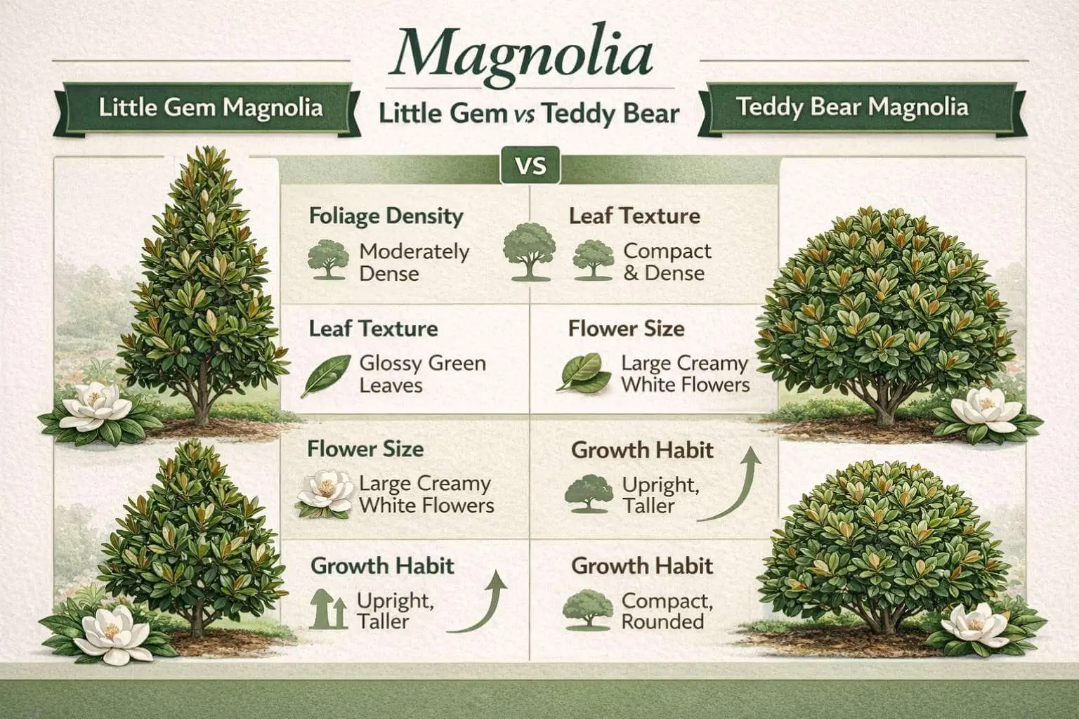 Infographic comparing magnolia little gem vs teddy bear showing differences in foliage, growth habit, and tree appearance.