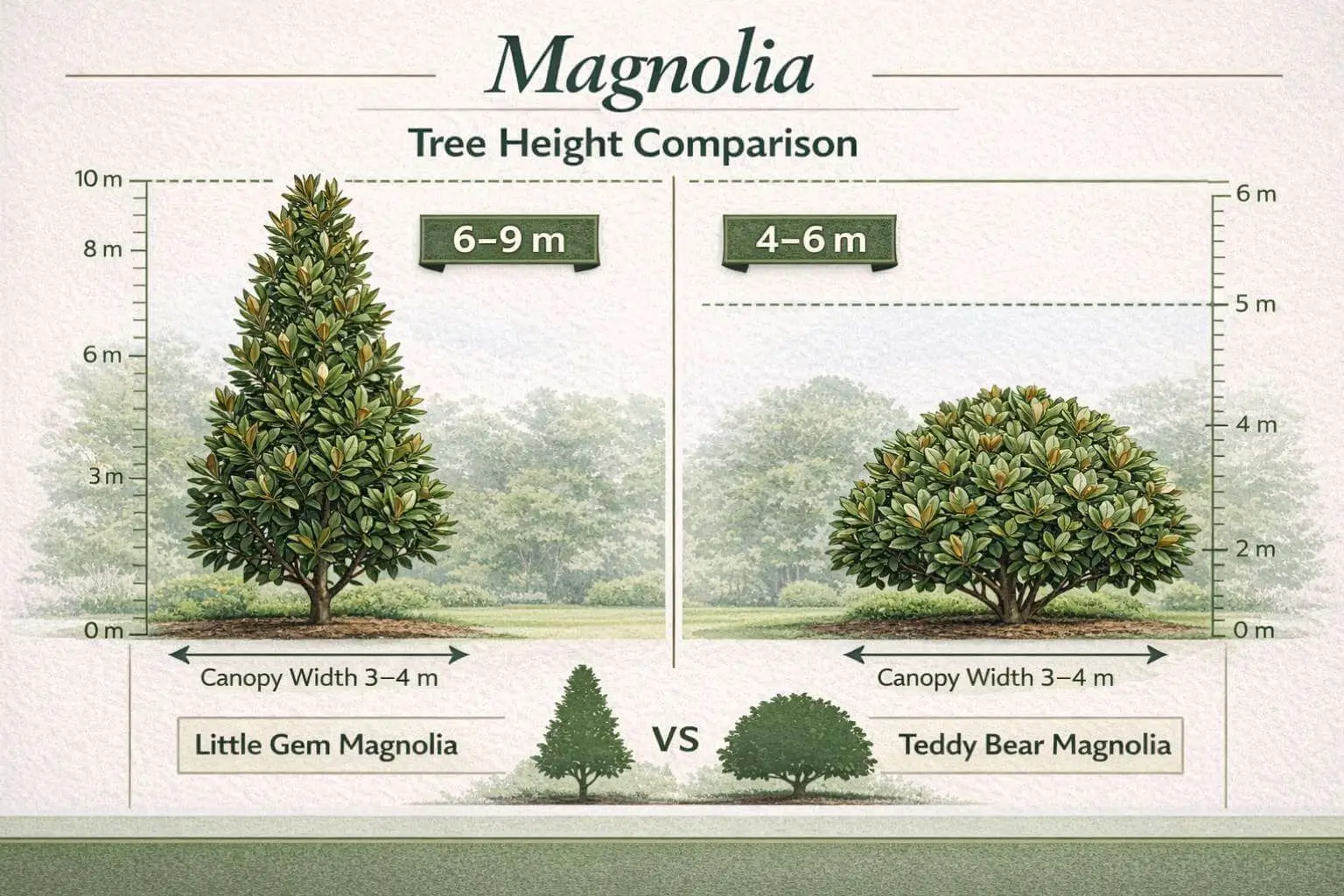 Tree size comparison infographic showing mature height of little gem magnolia vs teddy bear magnolia.