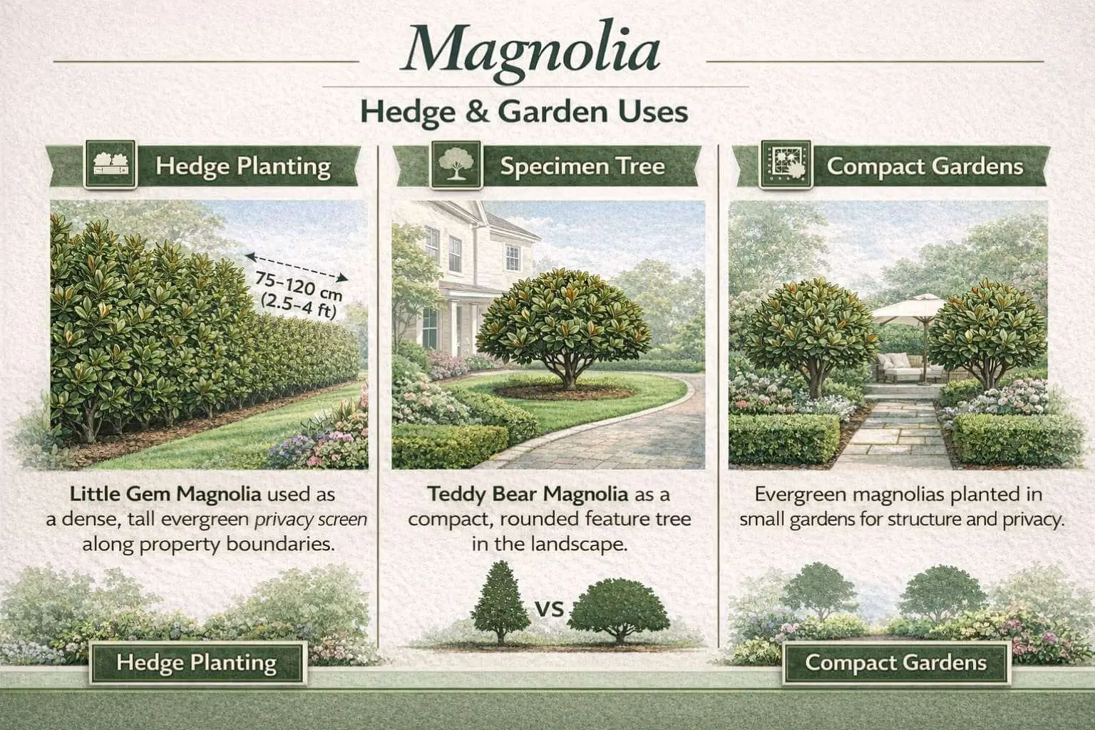 Landscaping infographic showing magnolia hedge planting, privacy screen layout, and feature tree uses for little gem and teddy bear magnolias.