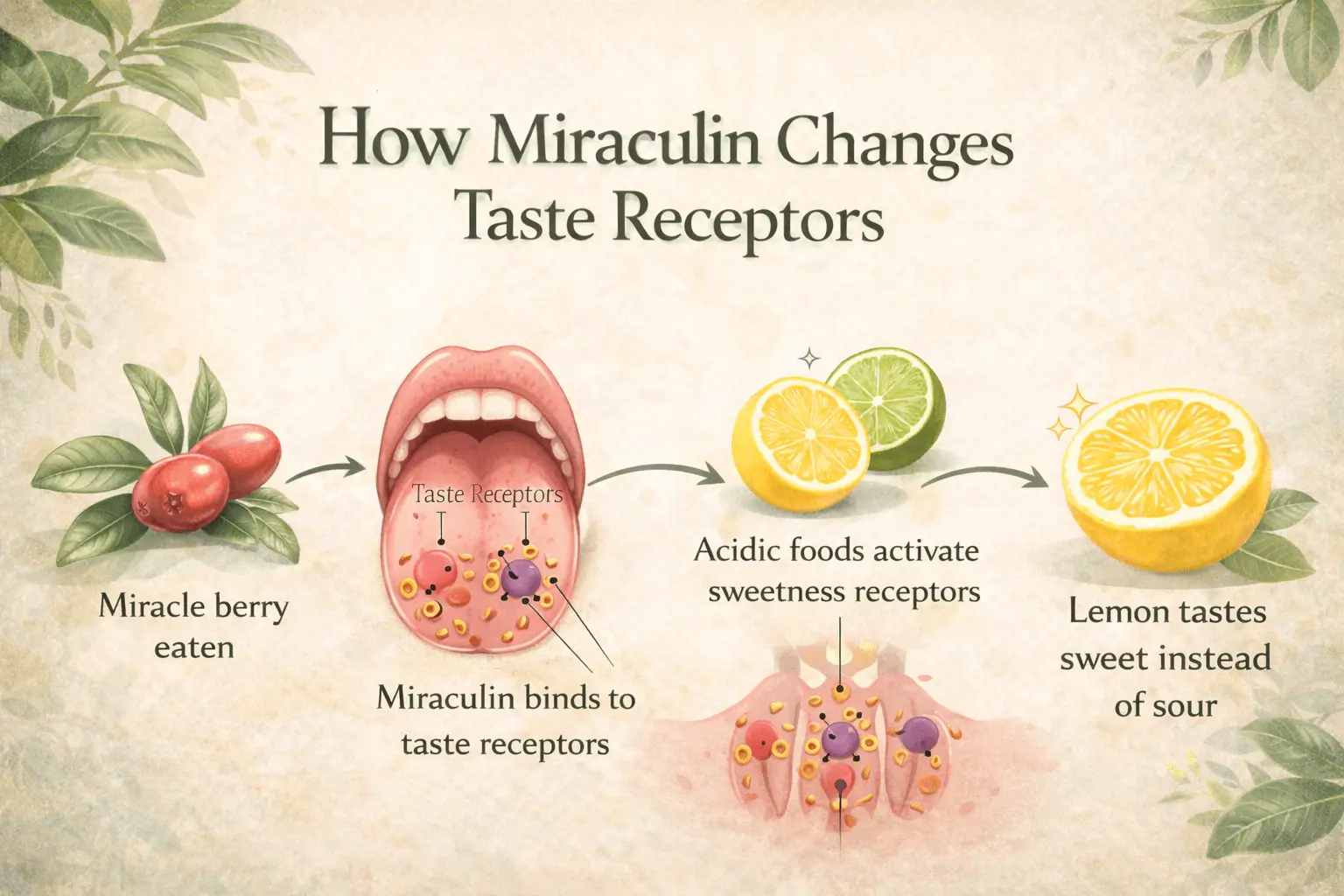 Infographic showing how miraculin from miracle fruit binds to taste receptors and makes sour foods taste sweet.