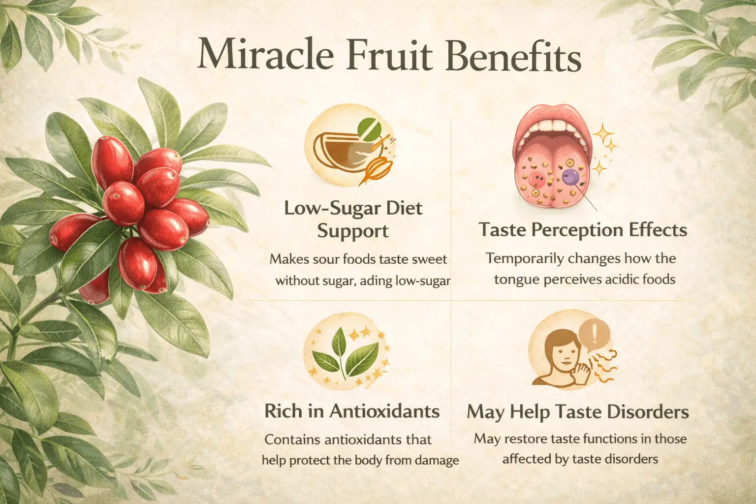 Miracle fruit benefits infographic showing low sugar diet support antioxidants and taste perception effects of miracle berries.