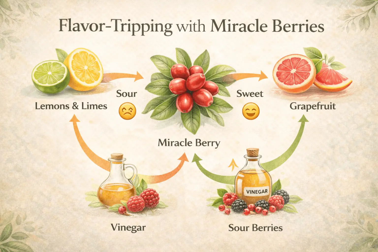 Flavor tripping infographic showing lemons grapefruit vinegar and sour berries tasting sweet after miracle fruit.