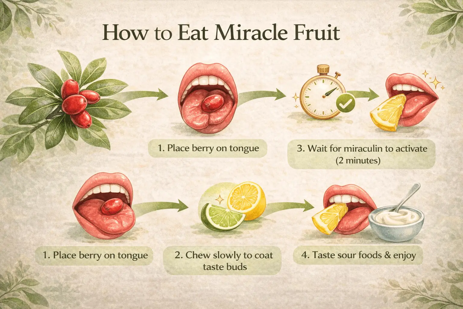 Step by step infographic showing how to eat miracle fruit and activate miraculin taste changing effect.
