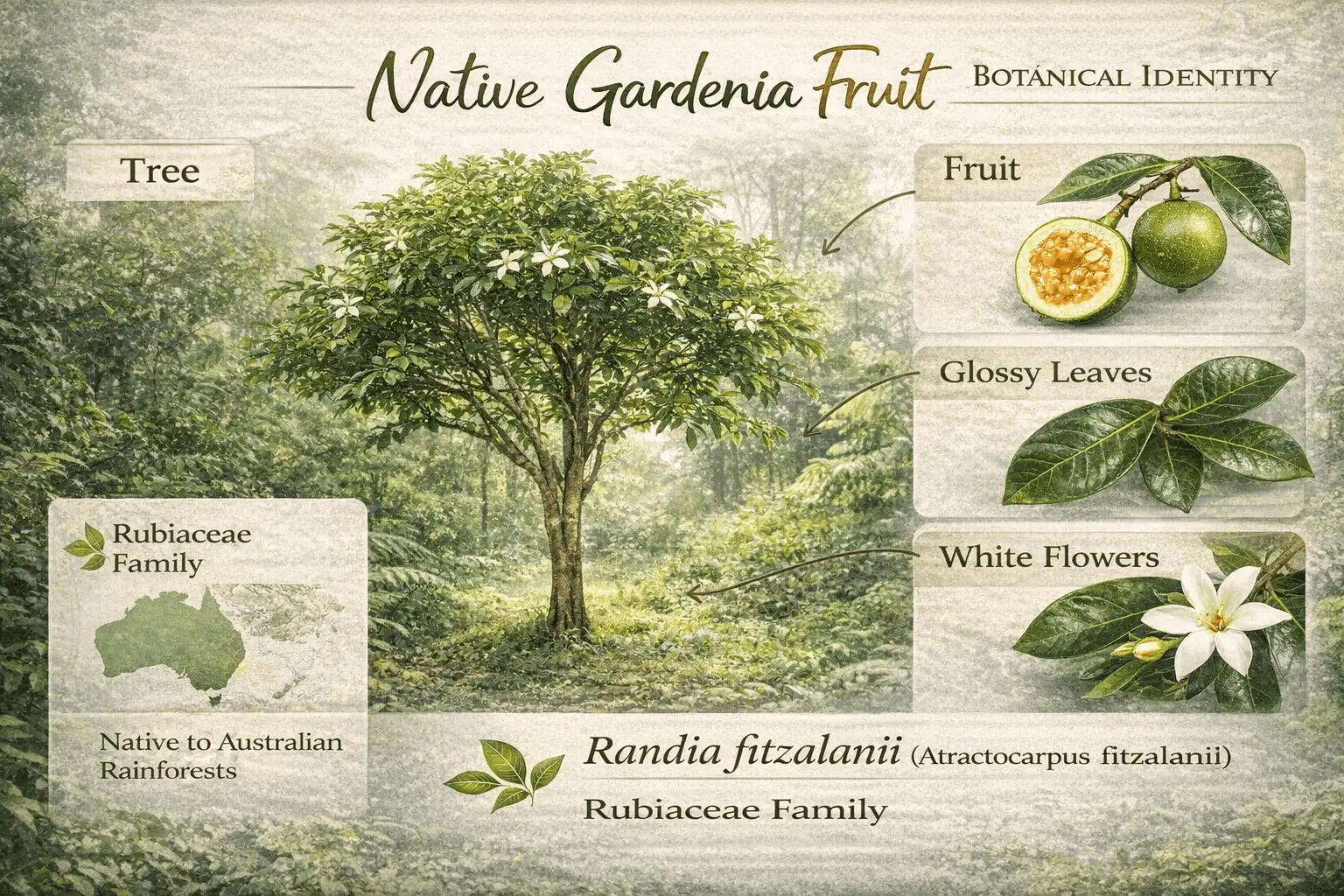 Botanical overview of native gardenia fruit Randia fitzalanii Australian rainforest plant