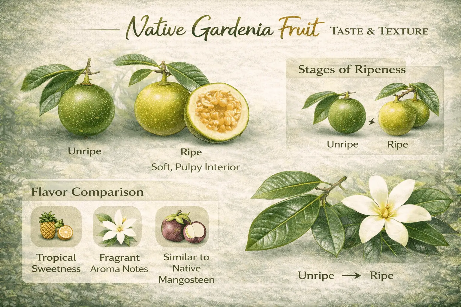 Infographic explaining native gardenia fruit taste texture and ripeness stages