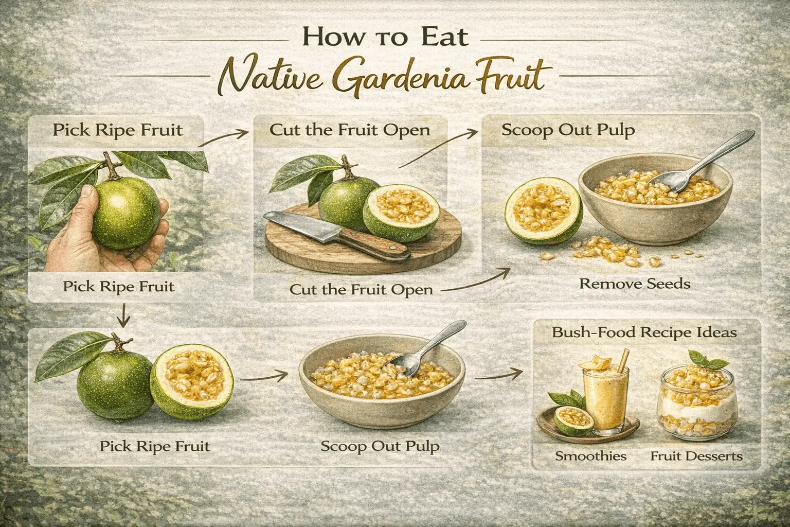 Step-by-step infographic showing how to eat native gardenia fruit