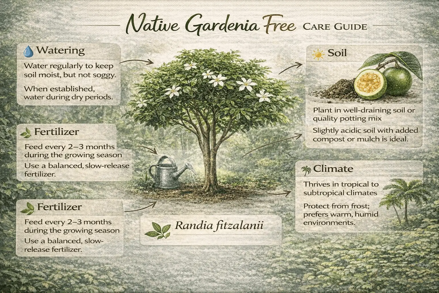 Native gardenia tree care guide infographic showing watering sunlight and soil needs