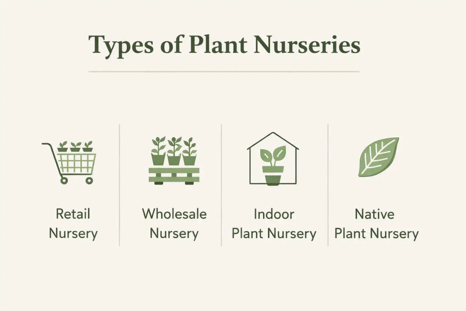 Types of plant nurseries infographic showing retail, wholesale, indoor, and native plant nursery differences
