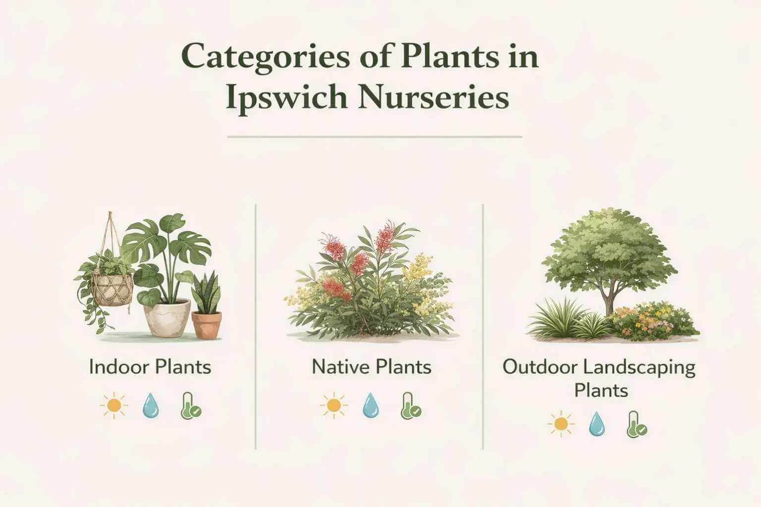 Ipswich nursery plants infographic showing indoor plants, native plants, and outdoor landscaping plants