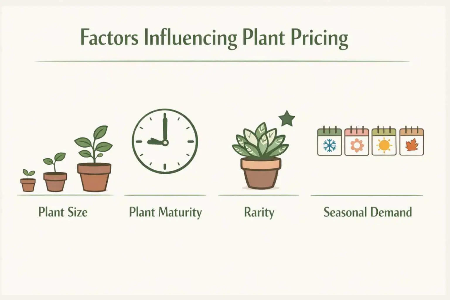 Plant nursery Ipswich prices infographic showing factors like size, maturity, rarity, and seasonal demand
