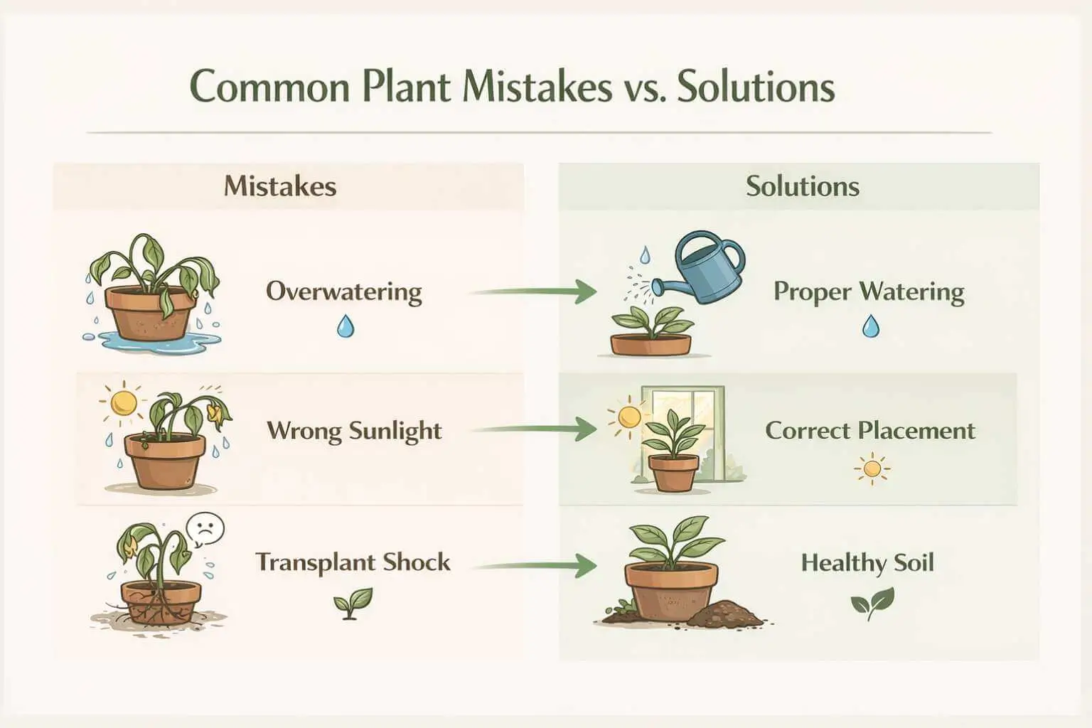 Common plant care mistakes and solutions infographic showing watering, light, and transplant tips