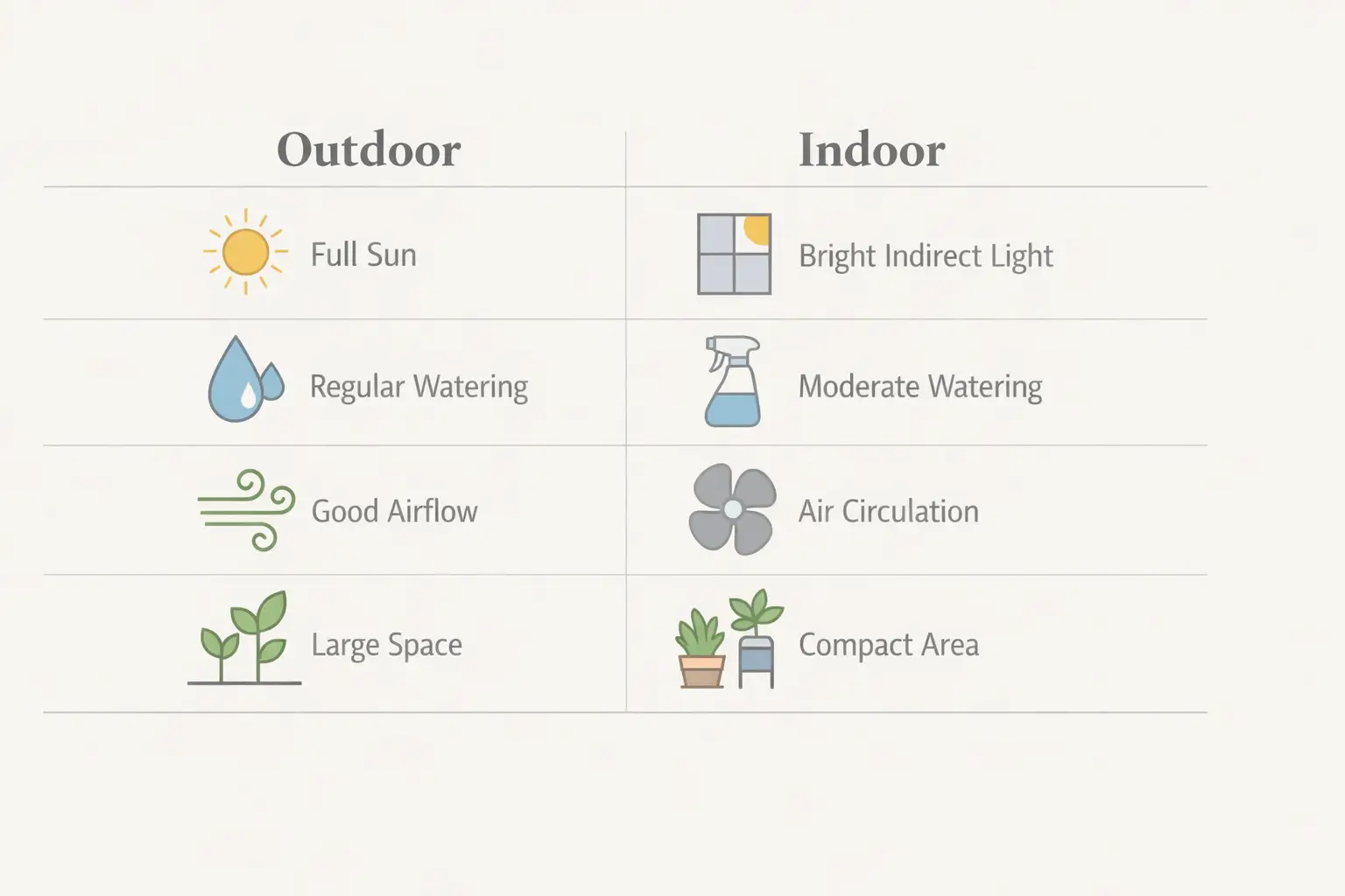 Comparison infographic showing differences between outdoor and indoor ponytail palm care