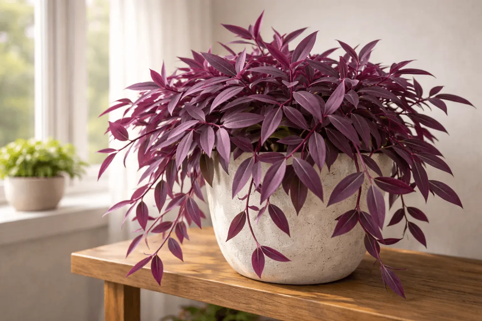 Tradescantia pallida purple heart plant leaves showing deep purple foliage indoors
