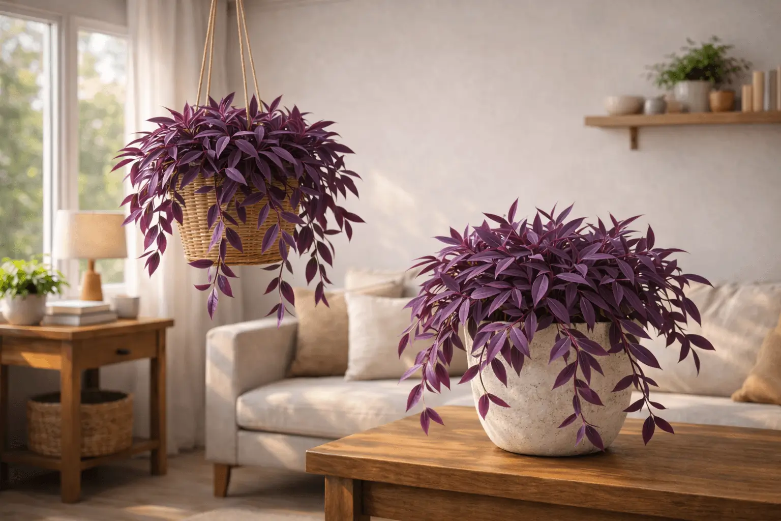 indoor purple heart plant decorating modern living room interior