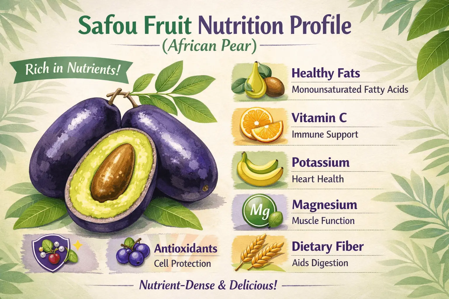 Safou fruit nutrition profile infographic showing vitamins healthy fats minerals and fiber
