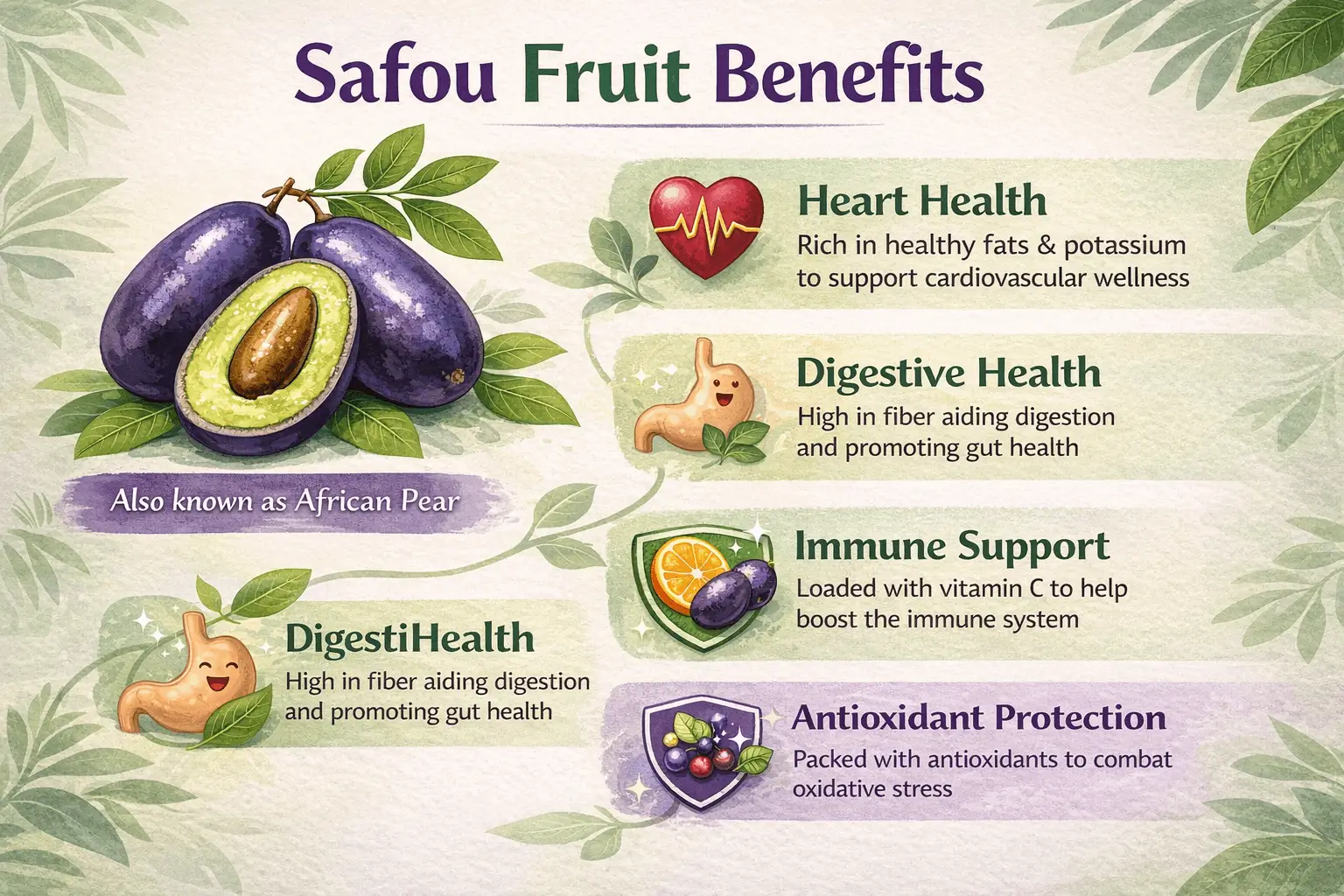 Safou fruit benefits infographic showing heart health digestion and antioxidant support