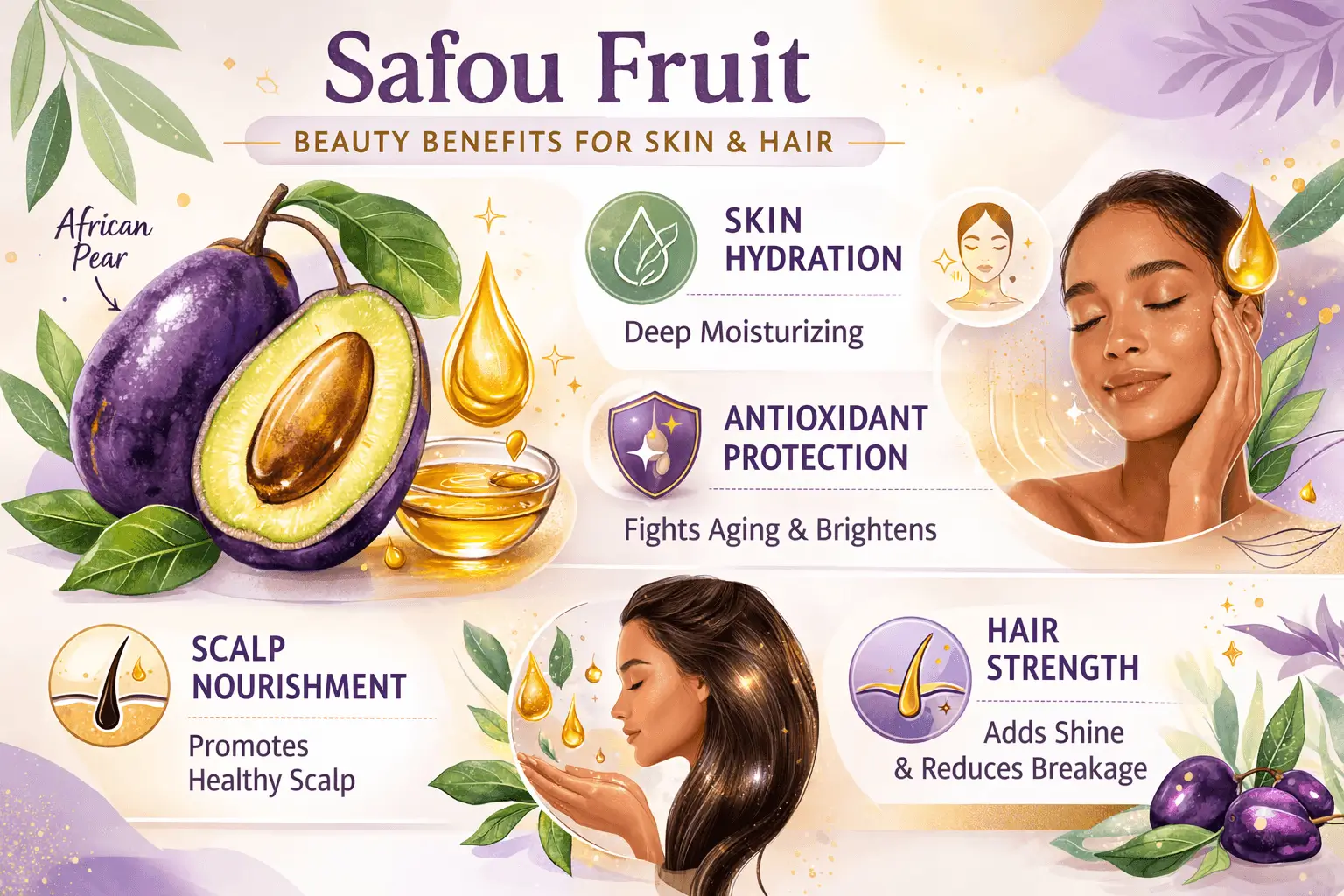 Safou fruit benefits for skin and hair infographic showing natural oils and nutrients