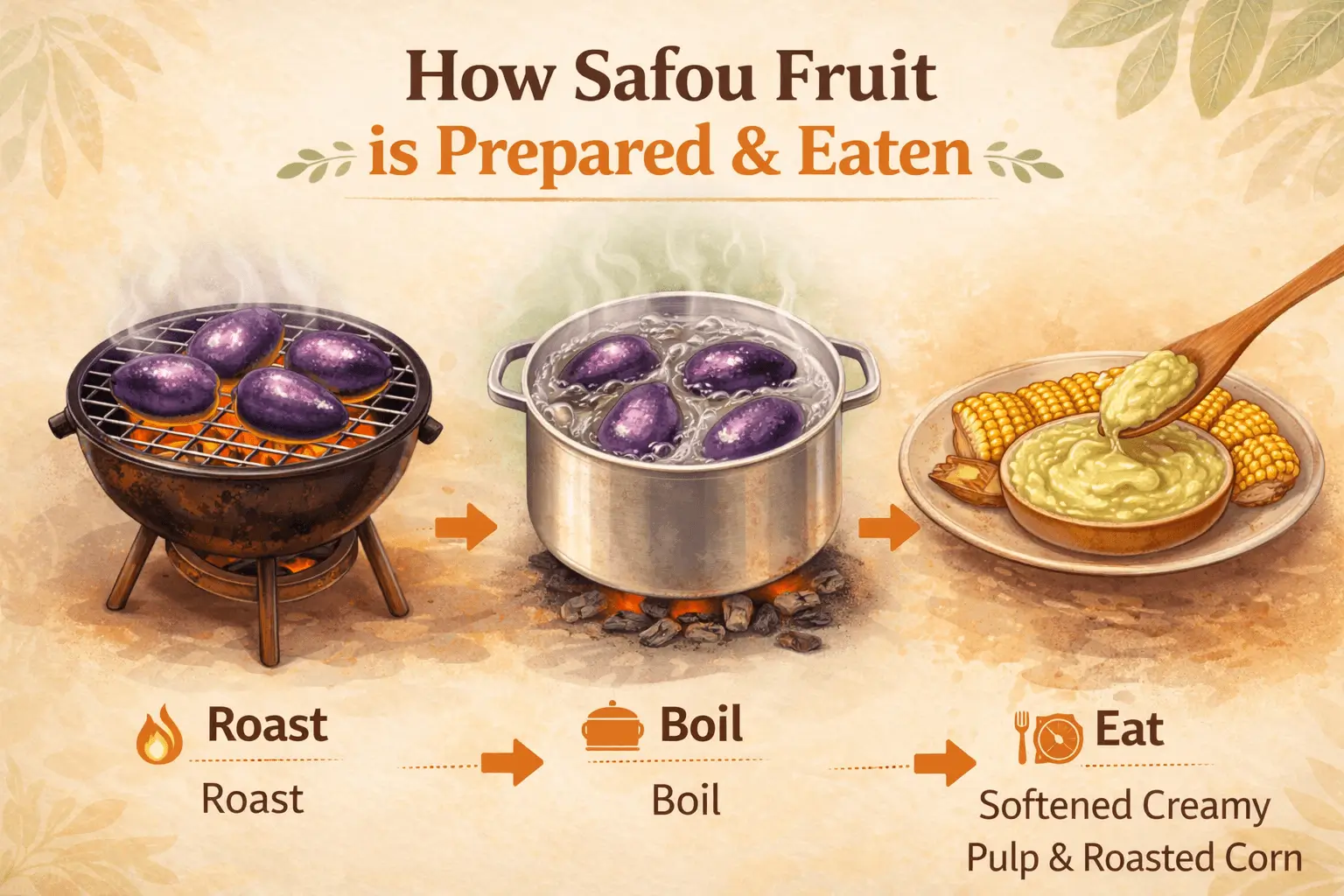 How safou fruit is prepared infographic showing roasting boiling and softening African pear