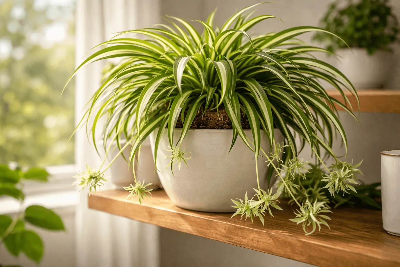 Healthy spider plant houseplant showing arching leaves and spiderettes growing indoors