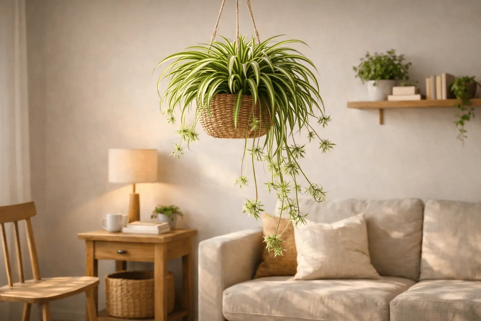 Spider plant used as decorative indoor plant in modern home interior design