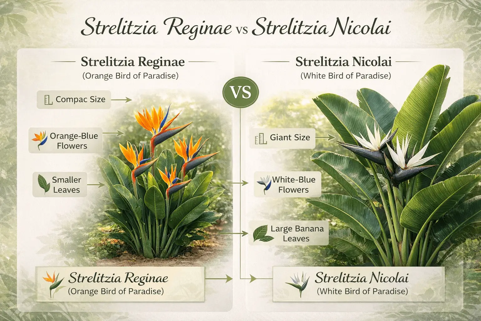 Infographic comparing strelitzia reginae vs nicolai plant differences including flowers leaves and plant size