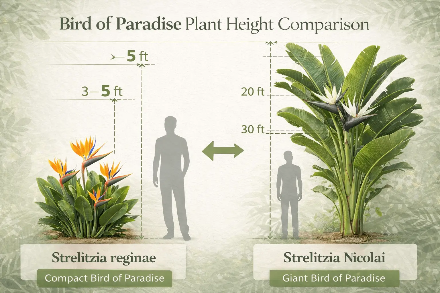 Strelitzia reginae vs nicolai height comparison infographic showing compact bird of paradise vs giant bird of paradise tree