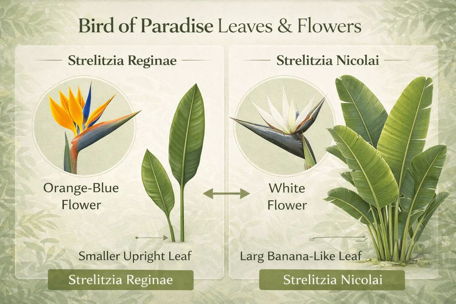 Bird of paradise leaves and flower comparison between strelitzia reginae and strelitzia nicolai