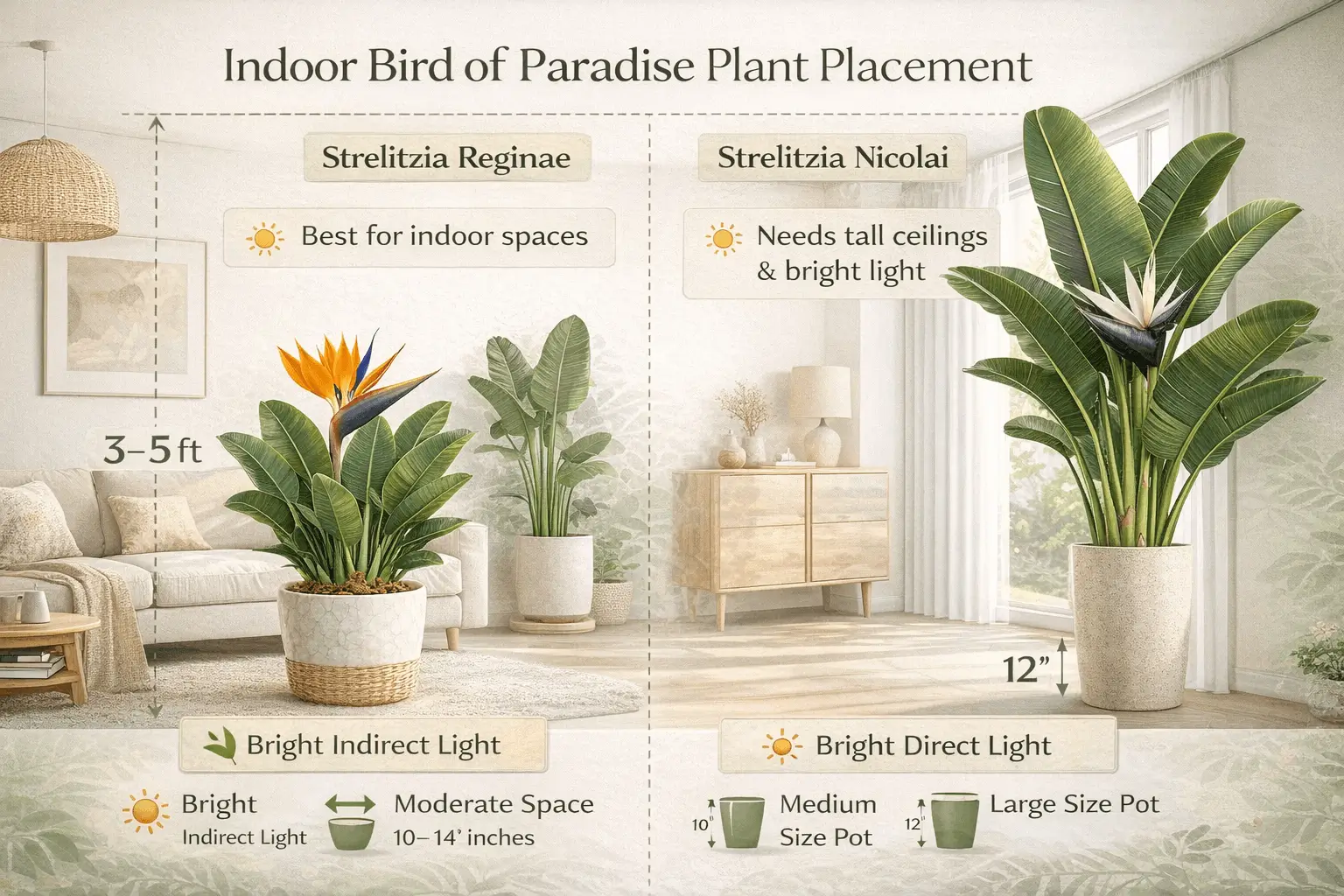 Indoor bird of paradise plant infographic showing strelitzia reginae vs strelitzia nicolai houseplant growth differences