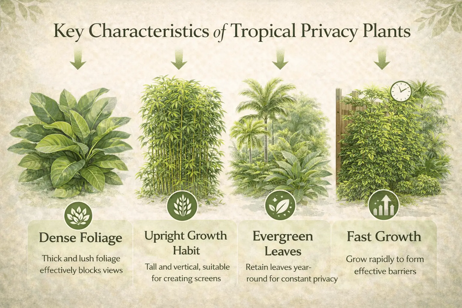 key characteristics of tropical privacy plants including dense foliage evergreen growth and upright screening plants
