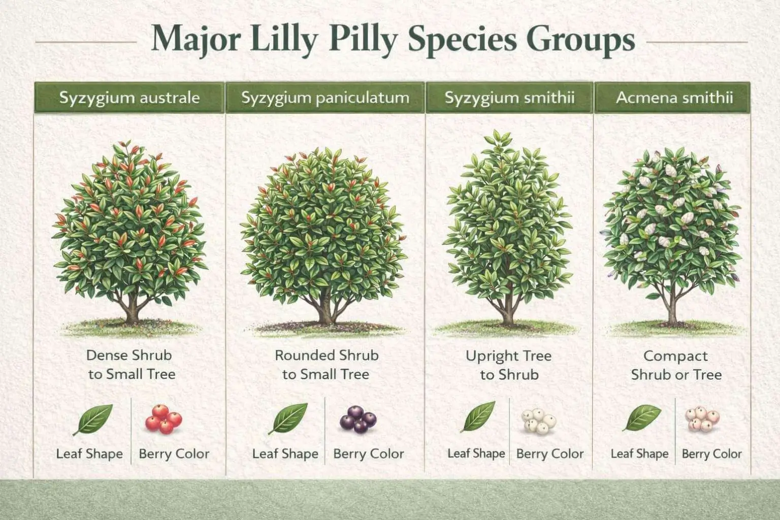 Infographic showing main lilly pilly species including Syzygium australe and Acmena smithii
