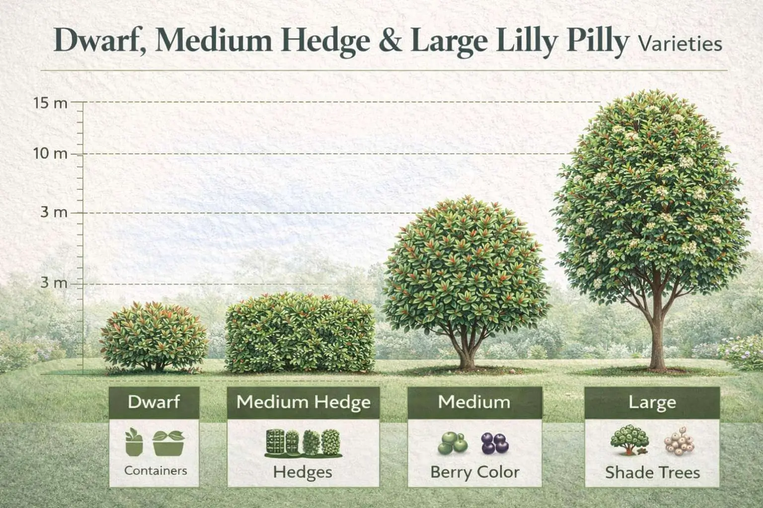 Comparison infographic of dwarf, hedge, and tall lilly pilly varieties and their heights