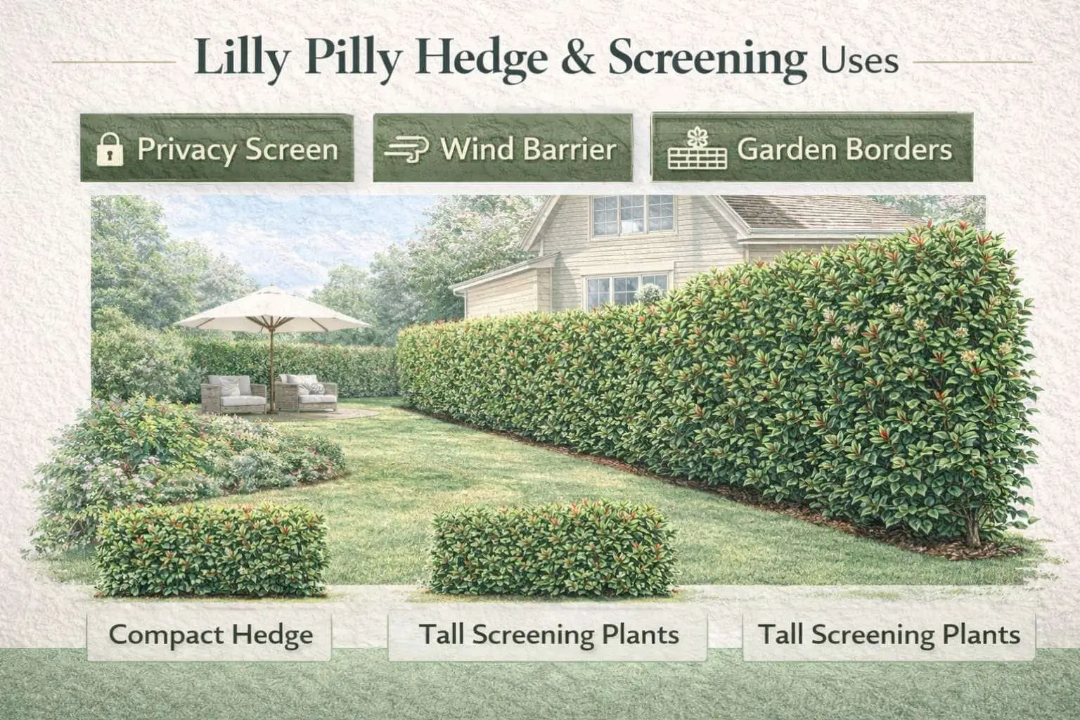 Lilly pilly hedge and screening plants used for garden privacy and landscaping