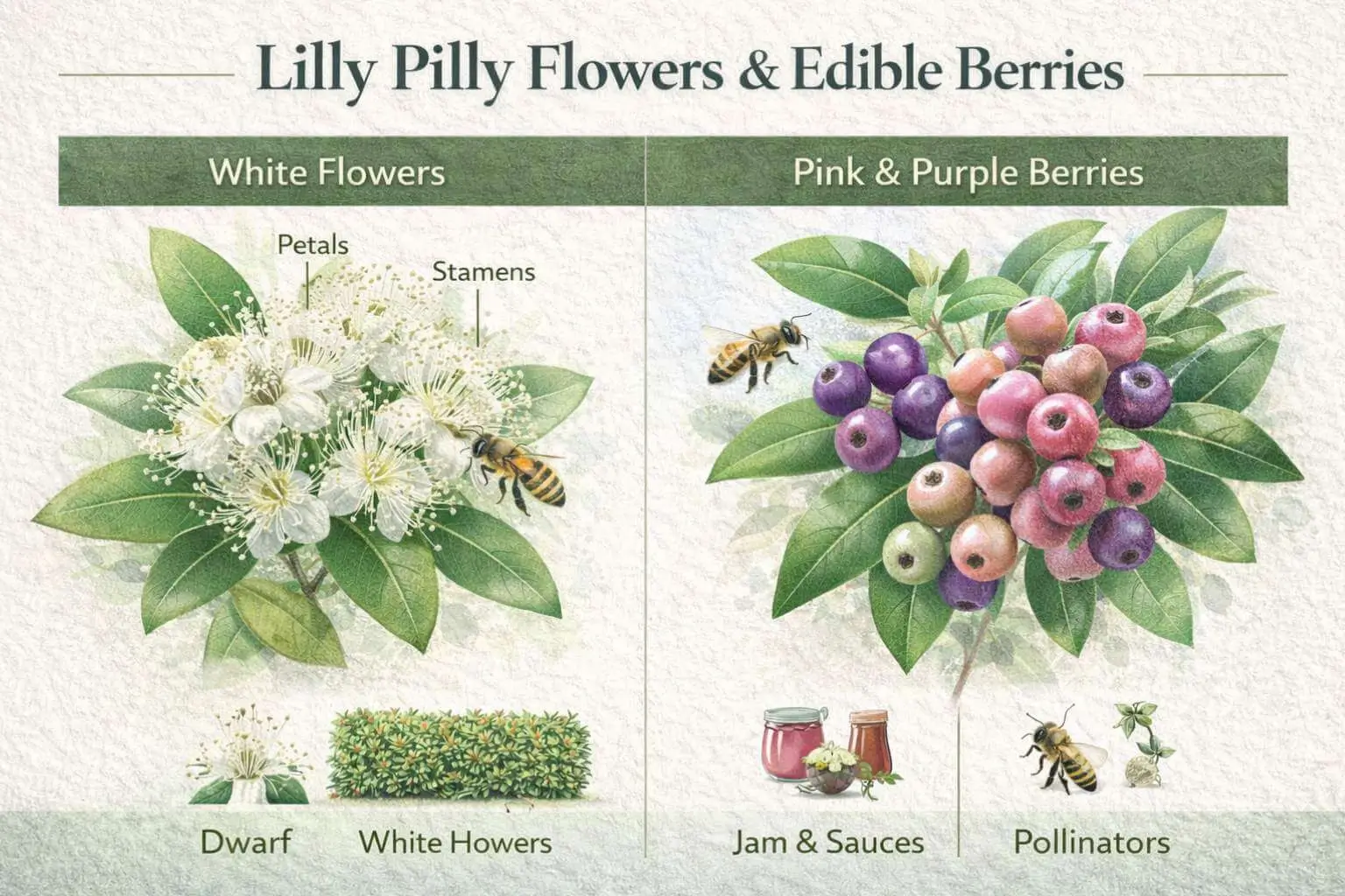 Infographic showing lilly pilly white flowers and edible berries